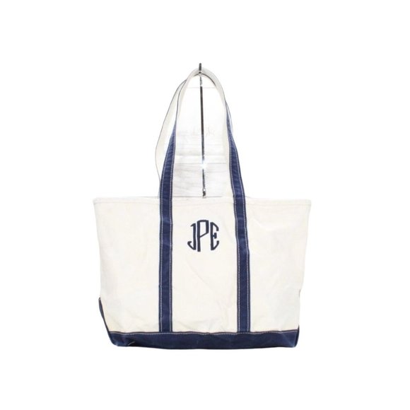 L.L. Bean Handbags - LL Bean Boat & Tote Cream Blue Trim Canvas Tote Bag JPE Monogram USA Made